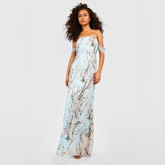 🆕 NWT Boohoo blue floral cherry blossom printed off the shoulder maxi dress - Picture 1 of 12